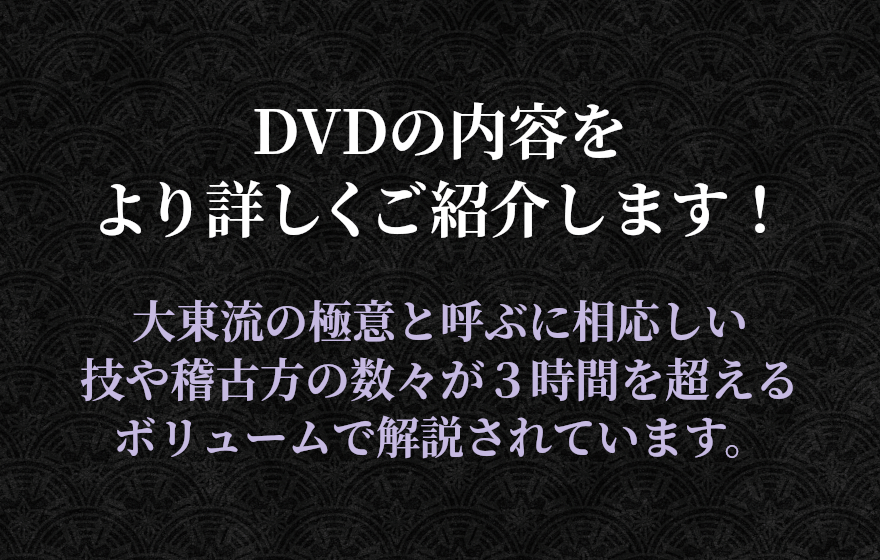 DVDの内容をより詳しくご紹介します！大東流の極意と呼ぶに相応しい技や稽古法の数々が３時間半を超えるボリュームで解説されています。