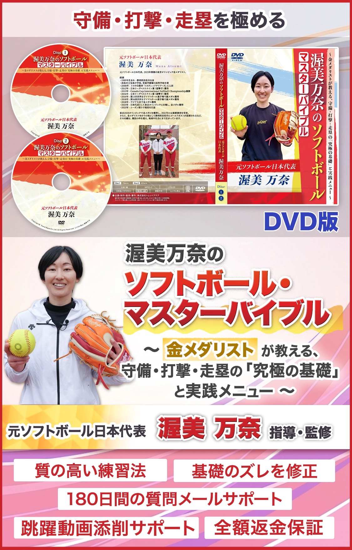 渥美万奈のソフトボール・マスターバイブル
～金メダリストが教える、守備・打撃・走塁の「究極の基礎」と実践メニュー～
元ソフトボール日本代表　渥美万奈 
 DVD版